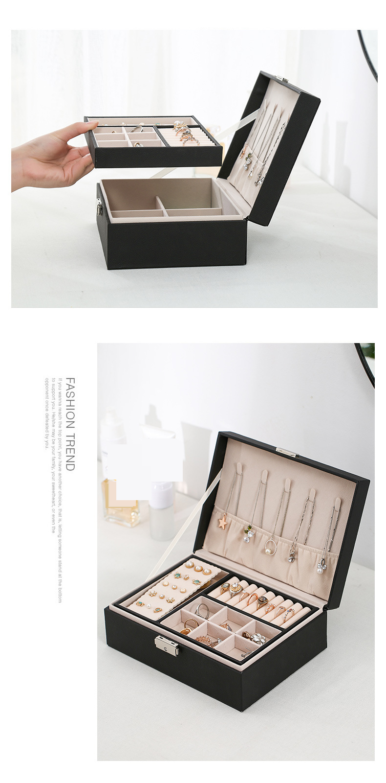 Pu Leather Jewelry Box Double Layer Wooden Jewelry Box Princess Jewelry Storage Box Makeup Box Large Quantity_voghion.com