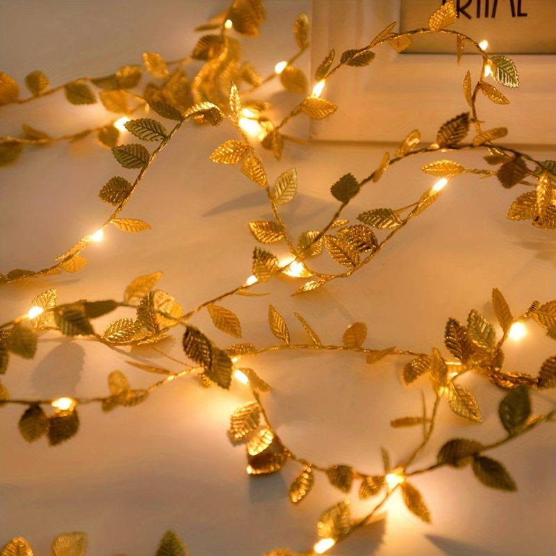3pcs 20 LED Golden Foil Leaf Garland Lights-2m/6.56ft Battery-Powered Twinkling String Lights For Christmas & Party Decor,Bedroom, Living Room, Office_voghion.com