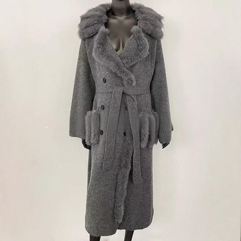 Women's Clothing Long Fox Fur Cardigan Coat - Oversized Knit Sweater Wrap With Cozy Shawl Collar For Fall & Winter (Gray/Black/White/Camel, One Size)_voghion.com