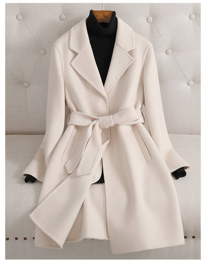 Luxury Double-Faced Wool Coat Women's Mid-Length Trench Coat For Petite Figure | Premium Cashmere Blend | Slim Fit With Belt | Office Elegance_voghion.com