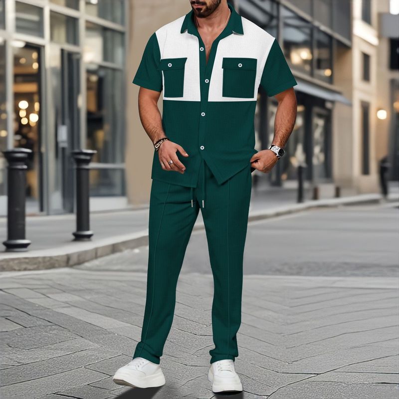 Herenkleding Nieuw wafelpatroon met vier rijen zakken, bijpassende korte mouwen overhemd en broek, tweedelig pak_voghion.com