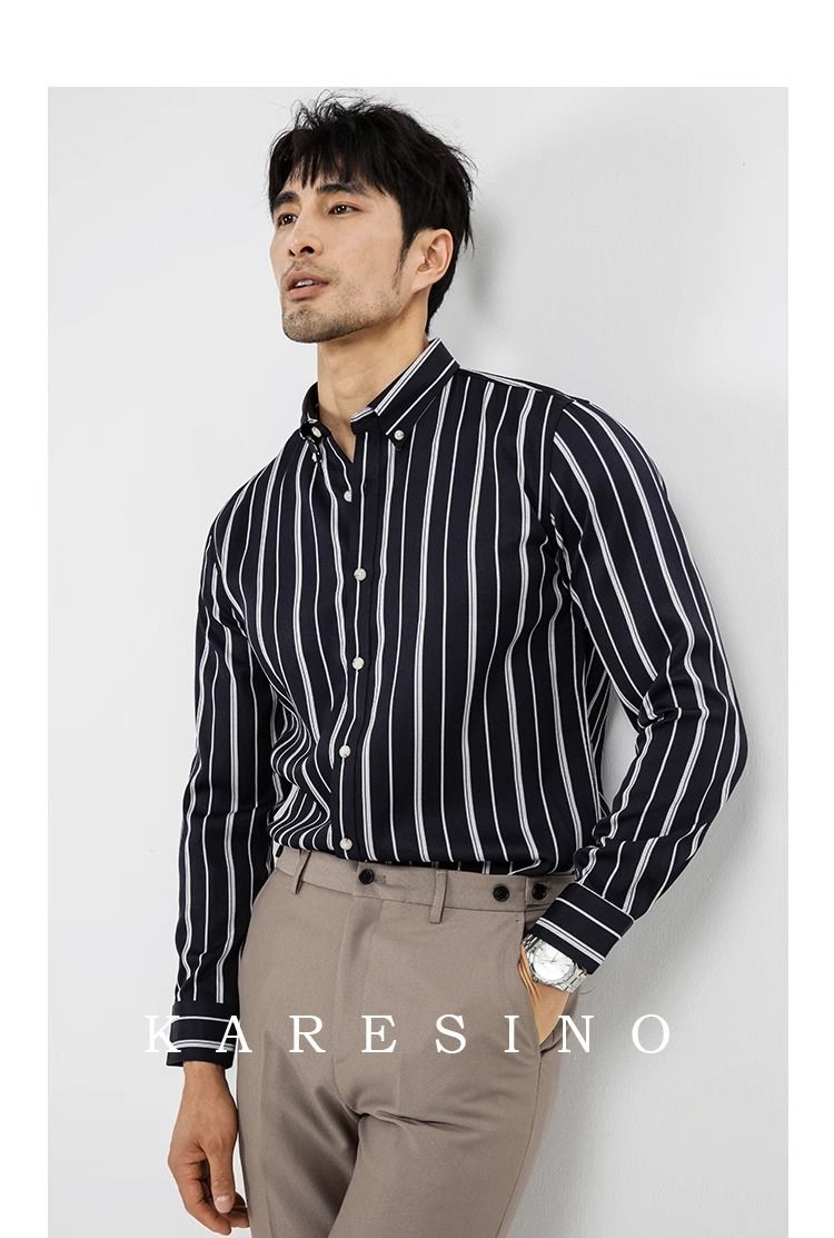 Stile di abbigliamento maschile Camicia a righe Abito formale da uomo Camicia a maniche lunghe antirughe non stirabile da uomo_voghion.com