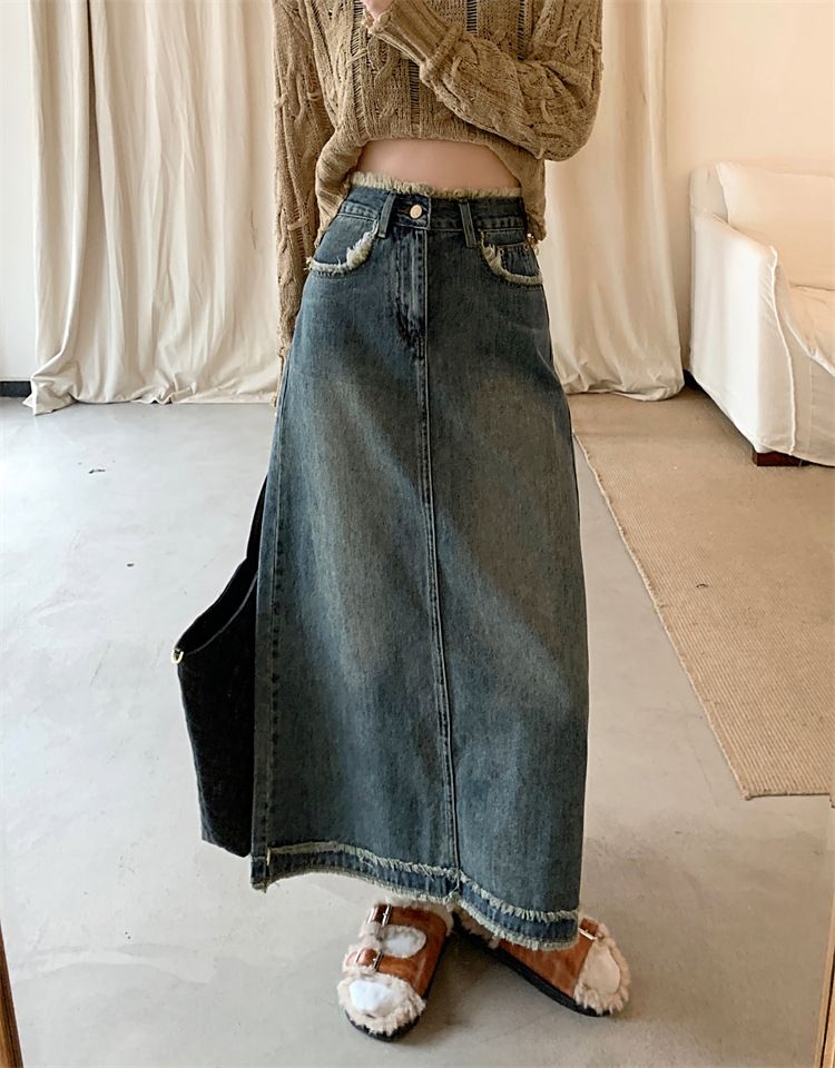 Fino Instagram Verão Cintura Alta Corpo Pequeno Denim A-line Design de Borda Desfiada Sensação Reta Tubo Envolto Quadril Comprimento Médio_voghion.com