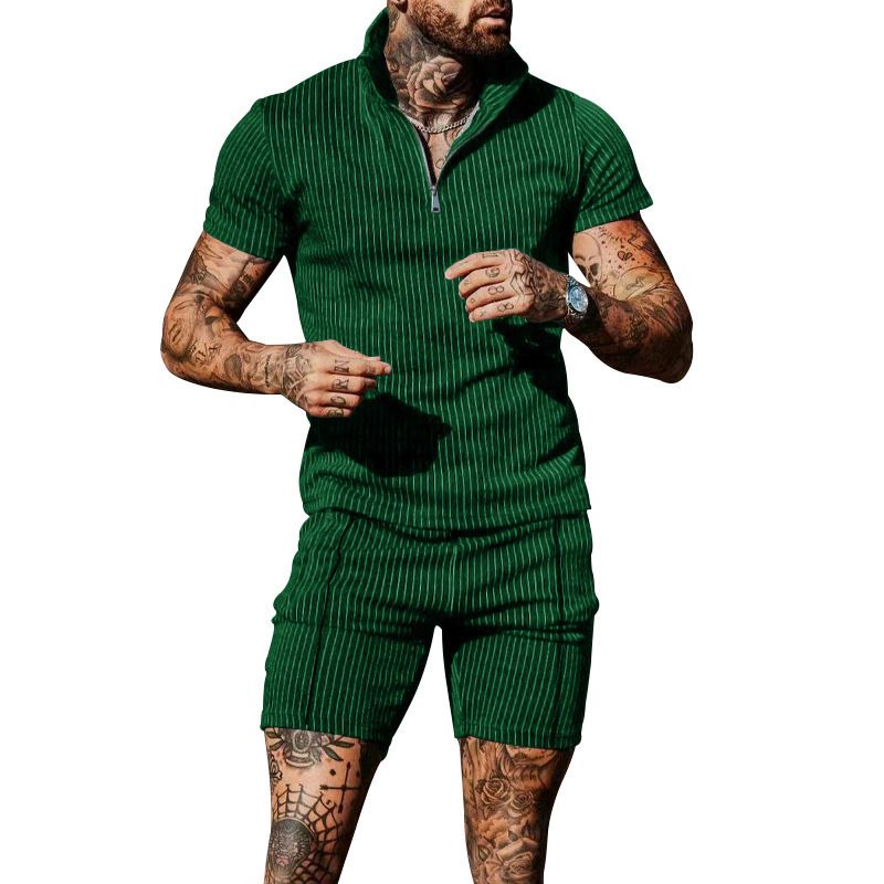 2025 Yaz Yeni Dikey Çizgili Kısa Kollu Şort Spor ve Eğlence Erkek Takımı_voghion.com