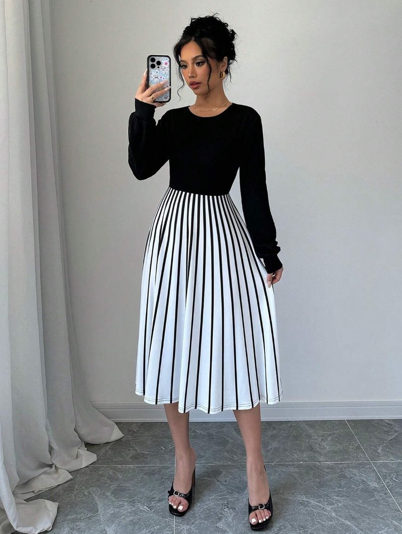 Elegantes gestreiftes Maxikleid für Damen – Sommerkleid mit Laternenärmeln (atmungsaktives Gewebe, fließendes Design, Boho-Chic-Stil)_voghion.com