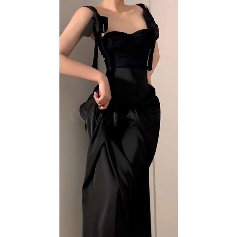 Abito lungo con spalline nere, stile French Hepburn, di alta gamma, con nicchia luminosa, unico ed elegante_voghion.com