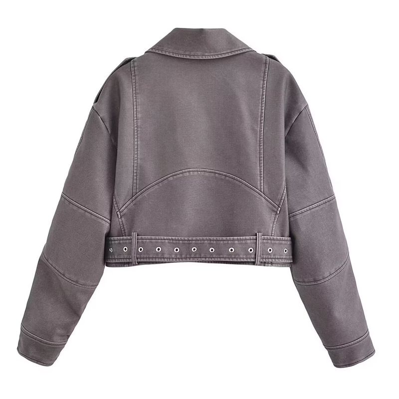 Damen-Bikerjacke aus Kunstleder – Slim Fit Kurzmantel mit Gürtel, V-Ausschnitt, langen Ärmeln (Weiß, Schwarz, Grau, Armeegrün, Dunkelbraun)_voghion.com
