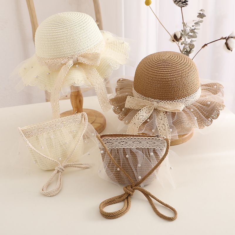 Moda Bambini Ragazze Tesa Larga Paglia Intrecciata Protezione Solare Cappello da Spiaggia Pizzo Perla Estate Floppy Bucket Cap Borsa Portatile панама_voghion.com