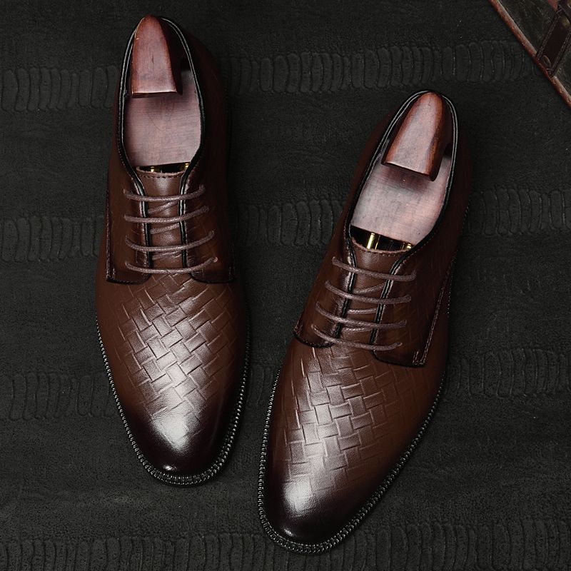 Suitable For All Seasons Thick-Soled Height-Increasing Shallow Mouth Polished Formal Suit Men's Embossed Woven Leather Shoes Office Autumn Men_voghion.com