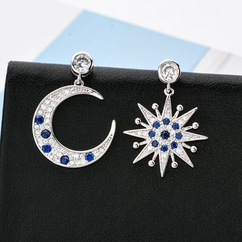 Unique design, personalized earrings with asymmetrical stars and moon, a pair of earrings inlaid with zircon temperament, versatile earrings_voghion.com