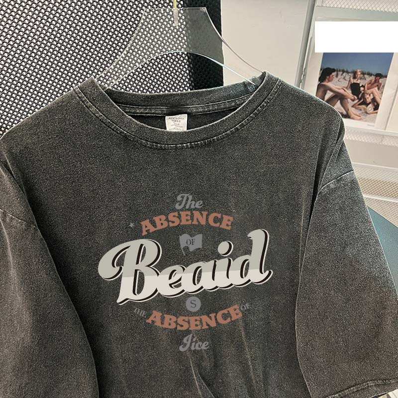 Damen T-Shirt mit Rundhalsausschnitt, gewaschenem alten Kurzarm, lässig, vielseitig, lässig, mittellang, T-Shirt_voghion.com