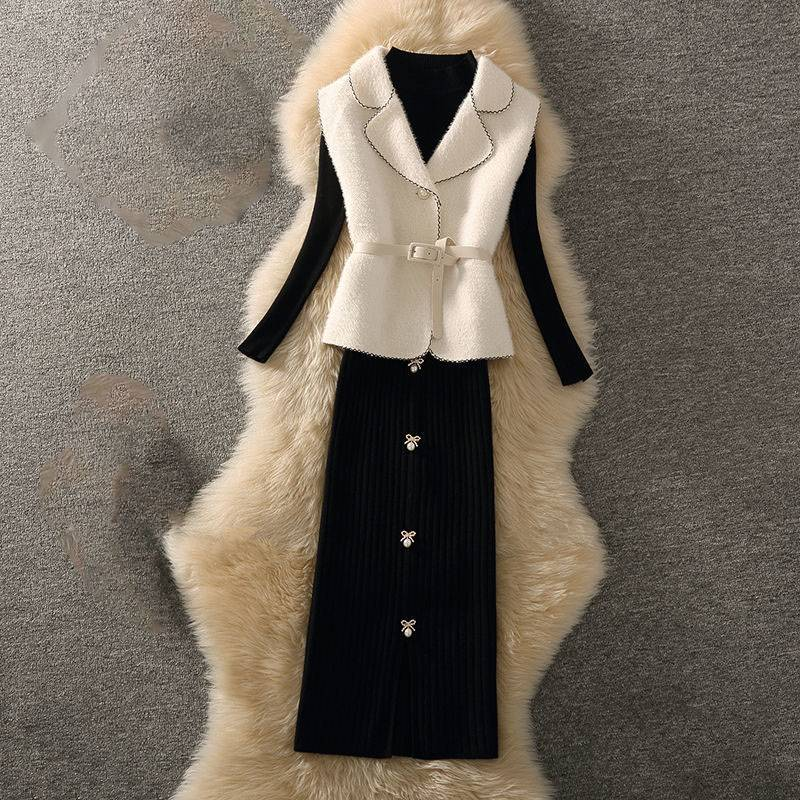 Women's Clothing Autumn Mature Suit Temperament Lady Suit Collar Vest Sweater Hip Skirt Three Piece Suit_voghion.com