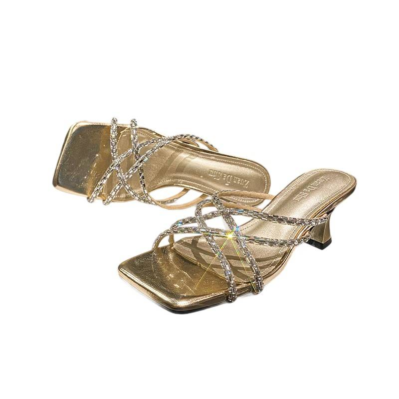 Sandales à lanières pailletées pour femmes – Chaussures à talons carrés et bout ouvert d'inspiration française pour robes (noir/or/argent)_voghion.com