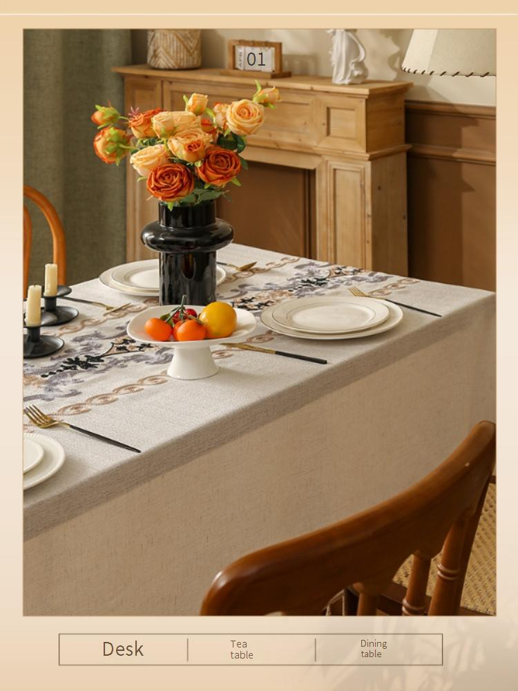 Vintage Baroque Floral Embroidered Tablecloth – Premium Linen Rectangular Table Cover For Dining & Coffee Table – Elegant White & Beige_voghion.com