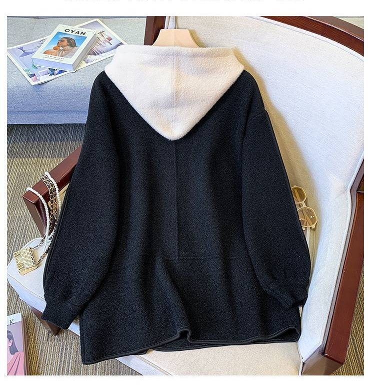 Oversized Hooded Coat For Women - Chic Two-In-One Wool Blend Jacket With Flattering Fit, Casual Elegance For Autumn & Winter (S-3xl, Black/Beige)_voghion.com