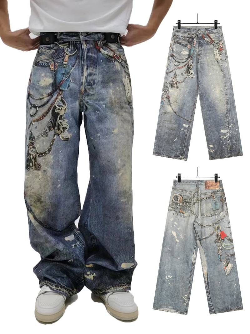 Jeans lavati con stampa a catena 3D da uomo – Pantaloni in denim larghi vintage effetto consumato per uomo e donna_voghion.com