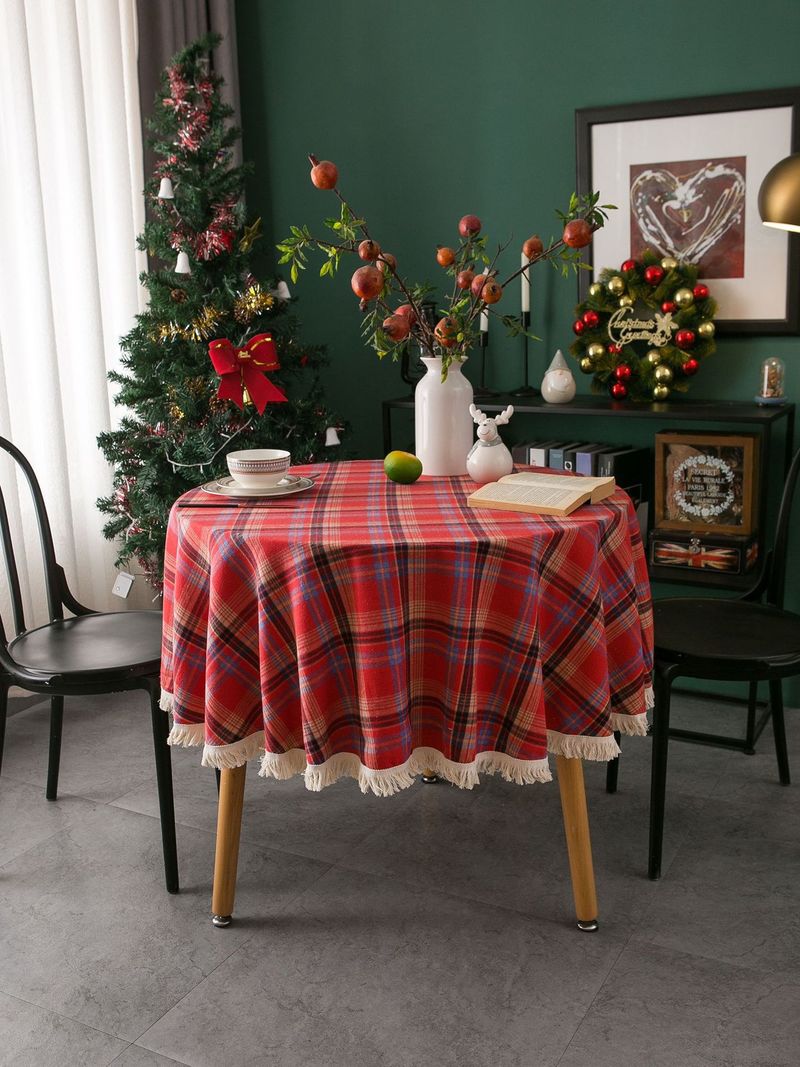 Tovaglia rotonda con frange a quadri natalizi, classica tovaglia a quadri rossa e verde americana leggera e lussuosa per feste, decorazione_voghion.com