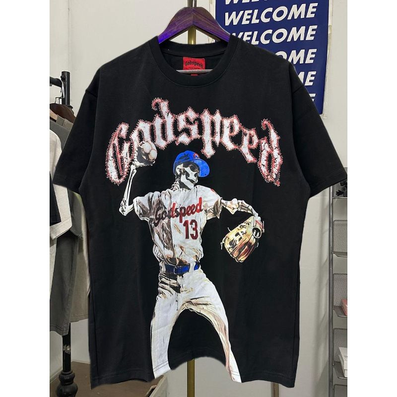 Maglietta casual a maniche corte da uomo con stampa Godspeed Skull, Dream Team, Statua della Libertà, di alta qualità_voghion.com