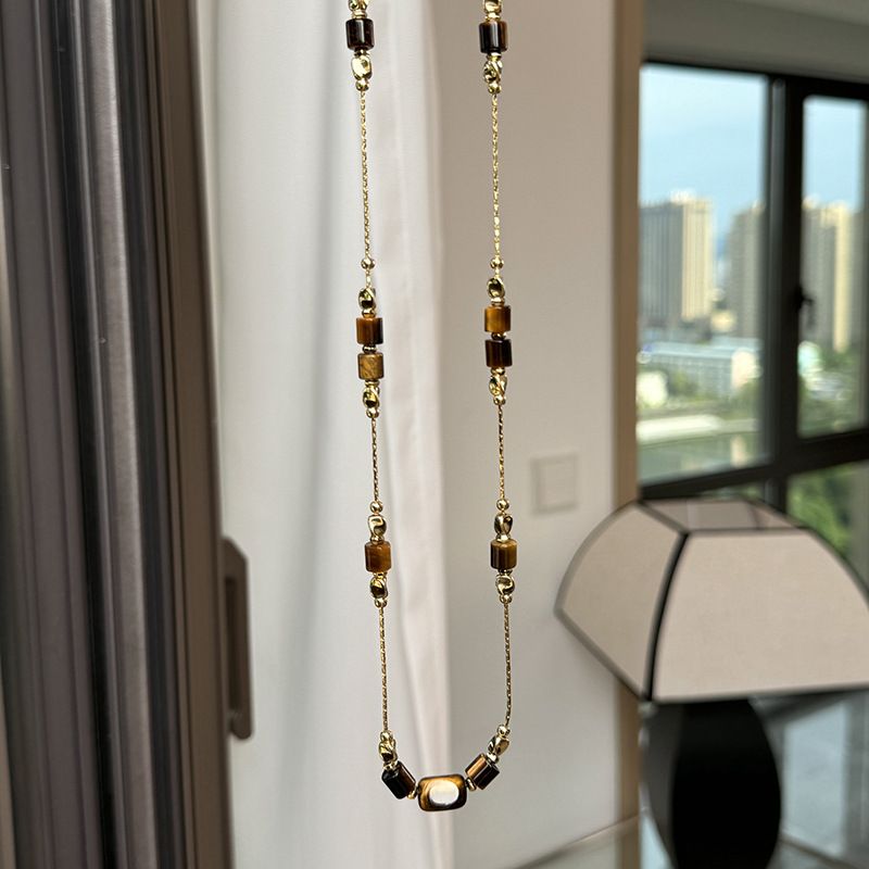 Collier Maillard en perles rondes œil de tigre pour femme, tendance automne-hiver, chaîne de pull polyvalente, niche_voghion.com