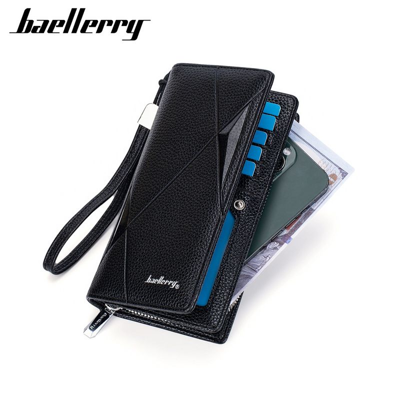 New Men's Wallet Long baellerry Business Casual Litchi Pattern Zipper Clutch Multi-Card Wallet_voghion.com