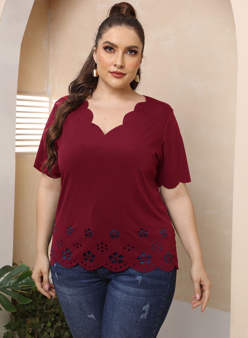 Női felső plus size égetett virágmintás, kivagdosott, mély V-nyakú rövid ujjú póló_voghion.com