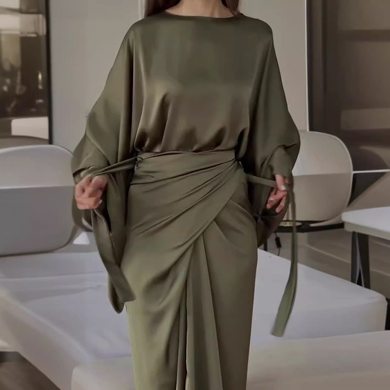 Women's Clothing simple bat sleeve tie waist slim solid color dress for women_voghion.com