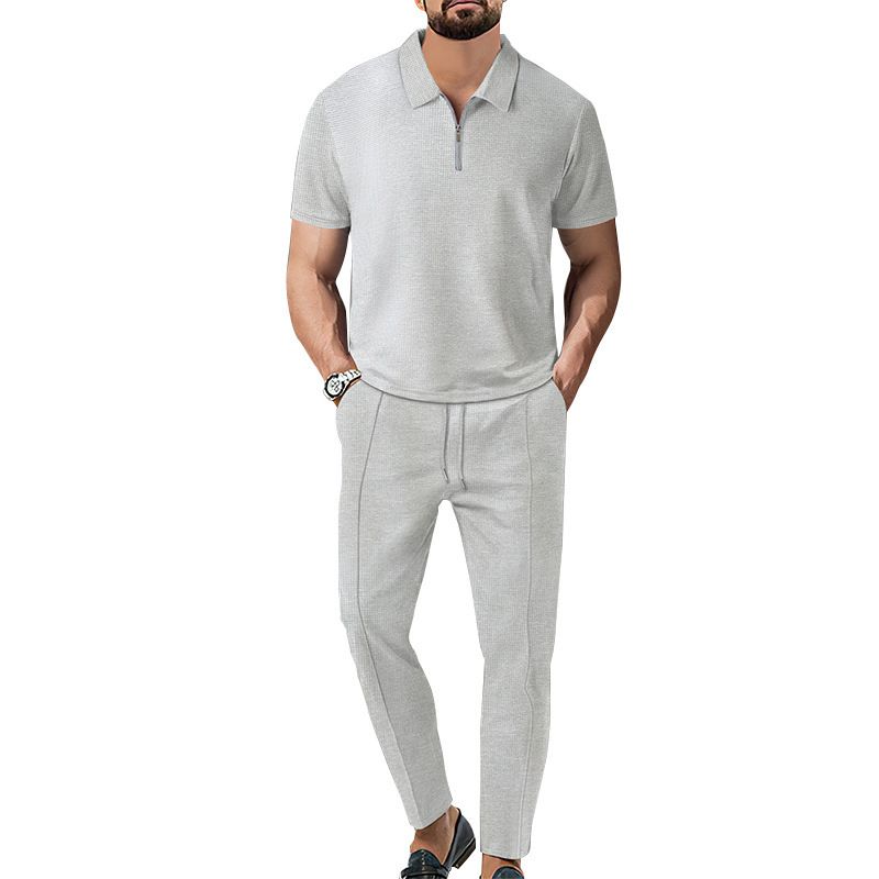 2025 Frühling und Herbst Neue Herren Einfarbig Anzug Waffel Kragen Kurzarm Zipper Lange Hosen Set_voghion.com