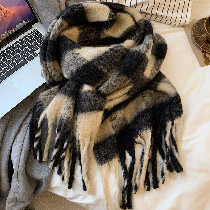 Thousand Bird Grid Scarf for Women, Autumn and New St, Student Versatile, Thickened Warm Scarf, Tassel, Winter Ins_voghion.com