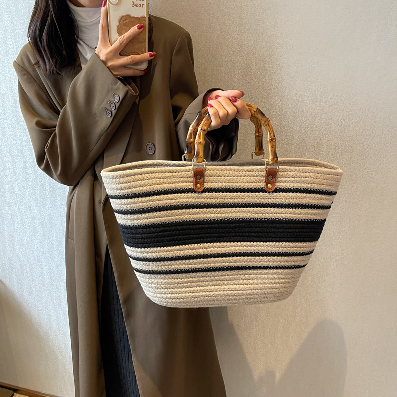 Temperament Popular Woven Women's Bag New Fashion Tote Bag Splicing Single Shoulder Large Capacity Bamboo Joint Hand Bag_voghion.com