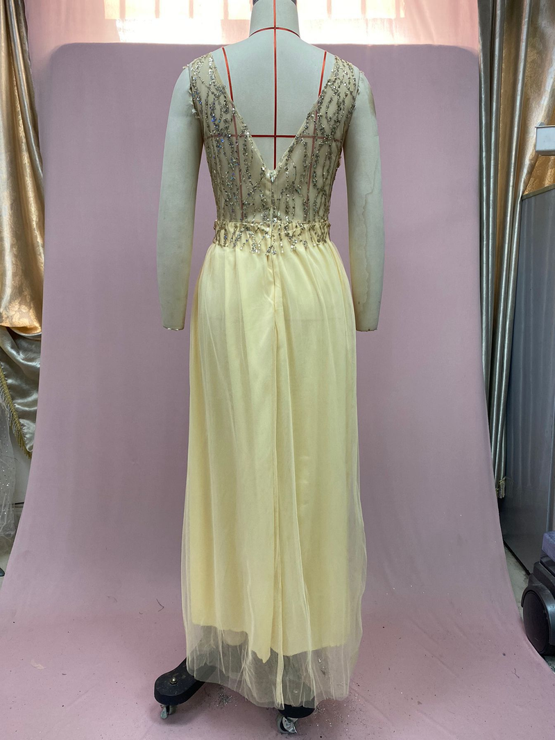 Women's Clothing Shiny Evening Dresssummer Golden V Neck Stitching Dress Party Evening Dress_voghion.com