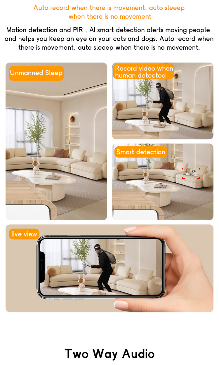 Home Indoor Dual Lens Security Camera Unplugged Wireless WiFi HD Night Vision Mini Camera Support Motion Detection, Two-way Voice Call_voghion.com