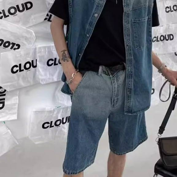 Retro Loose Fit Denim Shorts Men's Casual High Street Summer Shorts With Stretch Comfort_voghion.com