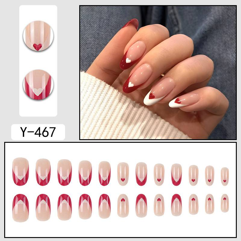 Elegant French Tip Press-On Nails With Red Heart Designs - Reusable False Nails For Women, Sweet & Stylish Manicure, Glue & Gel Adhesive Options_voghion.com