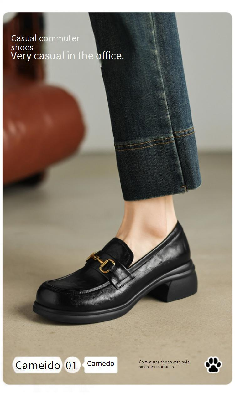 Cameido Women's Loafers - Black Genuine Leather - 5.5CM Square Toe - Foam Sole - Comfortable Casual Shoes_voghion.com