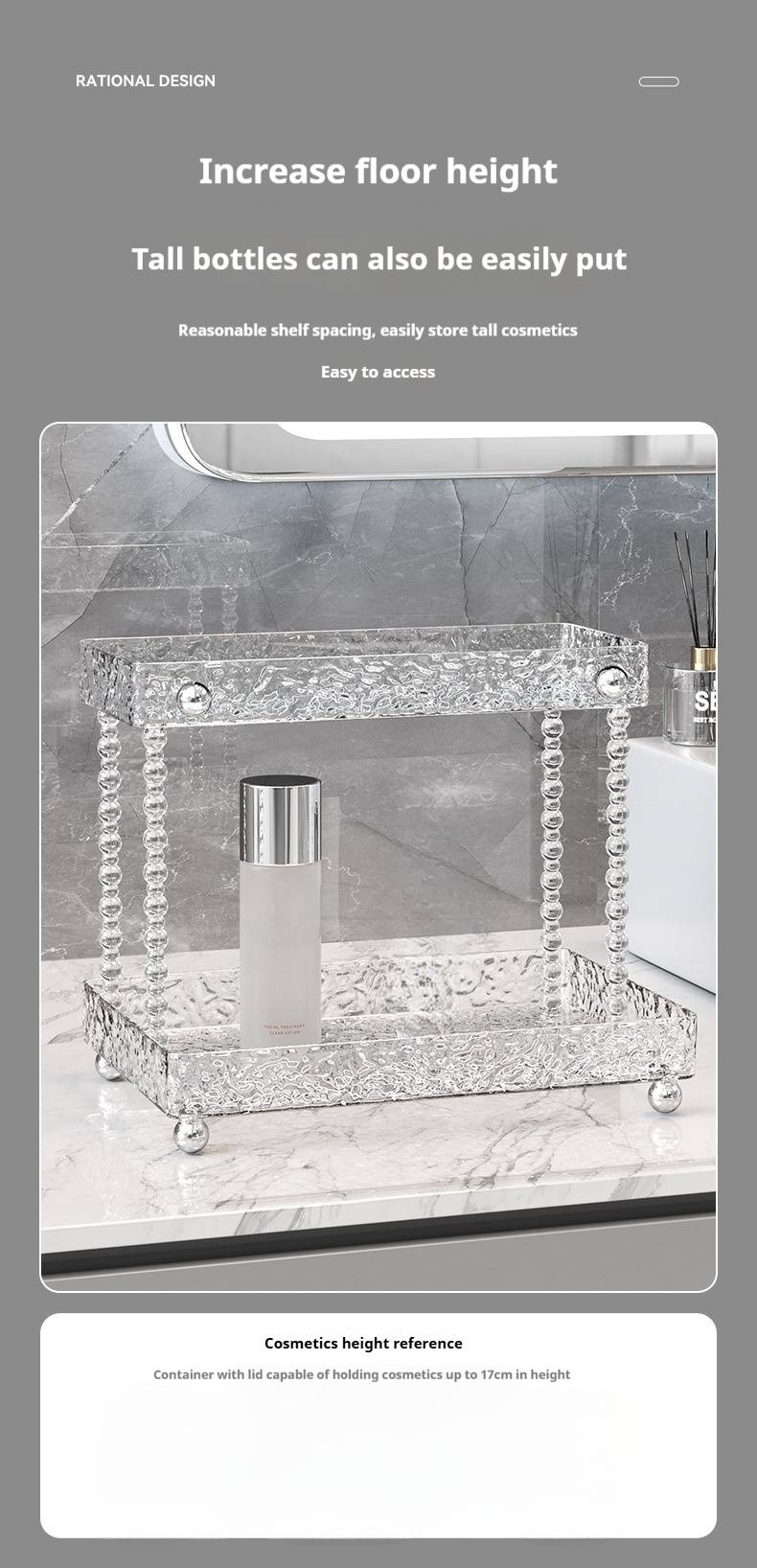 Organizer da bagno a 2 livelli - Mensola da appoggio per spazzolino da denti, cosmetici e prodotti per la cura della pelle (grigio trasparente, impermeabile, capacità 10 kg)_voghion.com