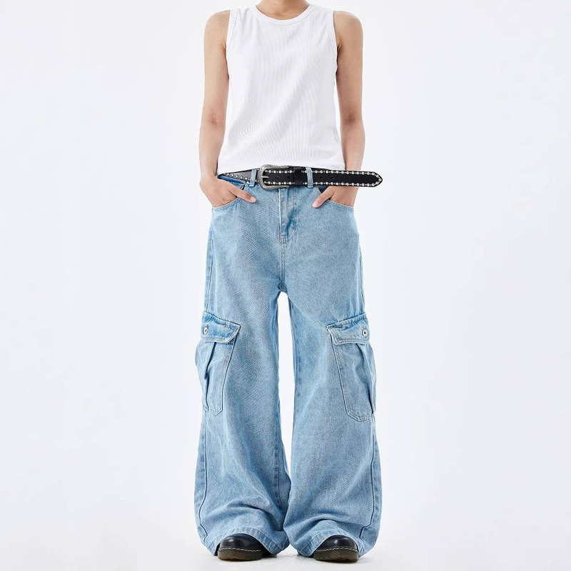 Vintage Washed Utility Pants – Unisex-Cargohose mit hoher Taille und 3D-Taschenkonstruktion (Coastal Blue)_voghion.com
