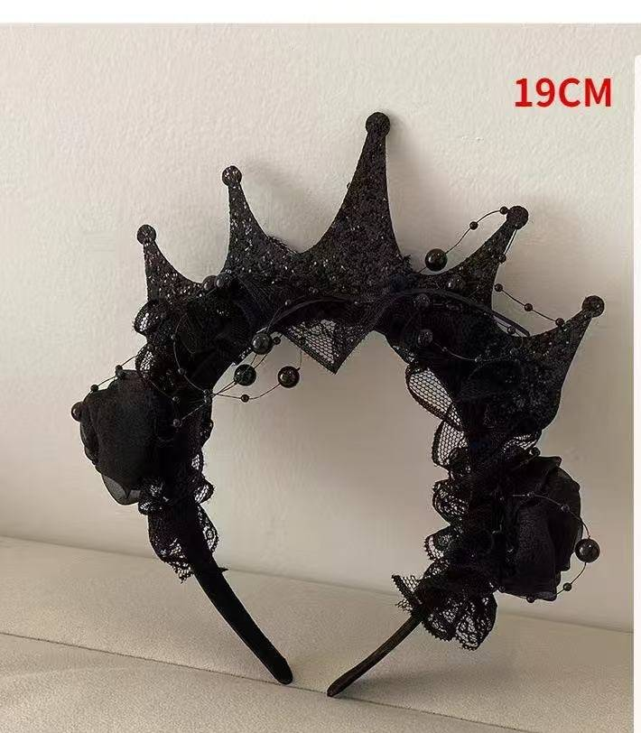 Cerchietto con corona di pizzo e rosa nera, accessorio per capelli scuri di Halloween, copricapo da regina per le feste, accessorio dolce e fantastico per capelli._voghion.com