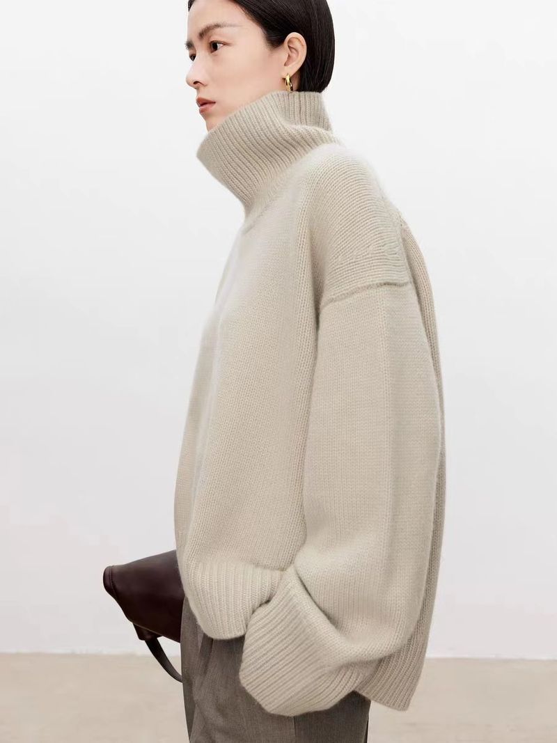 Women's Oversized High Neck Wool Sweater – Thick & Warm Cashmere Blend Pullover For Winter, Loose Fit Turtleneck Top_voghion.com