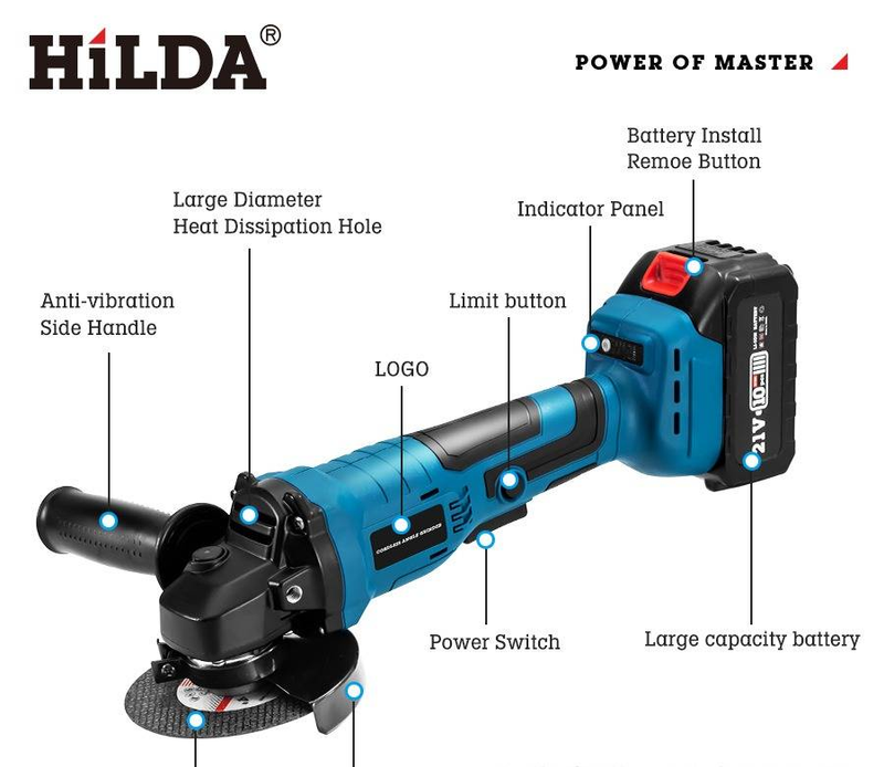 HILDA Brushless Angle Grinder With 21V Lithium Battery - Cordless Cutting & Grinding Machine For Home & DIY Projects_voghion.com