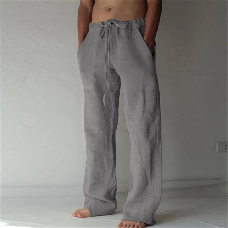2024 Summer Men's Casual Wide-leg Pants Solid Color Lace-up Cotton And Linen Comfortable Trousers_voghion.com
