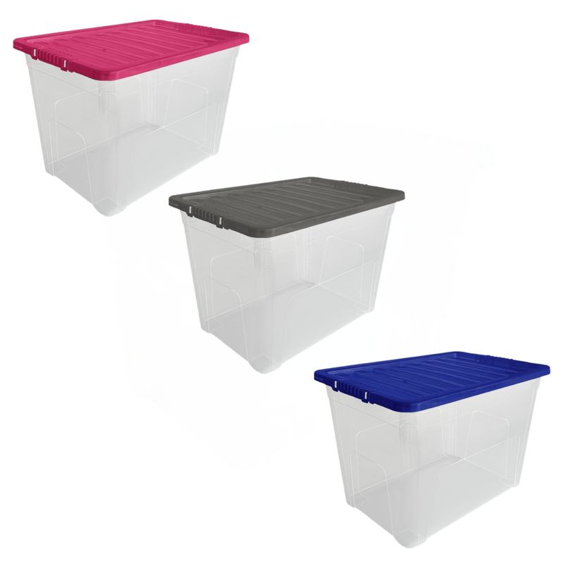 80L Plastic Storage Boxes With Colour Lids Quality Stackable Home Office Kitchen_voghion.com