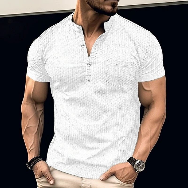 Unbeatable Quality Men's Short Sleeved Henry Shirt T-shirt With Pockets, Button Stand Up Collar, Fashionable Basic Style_voghion.com