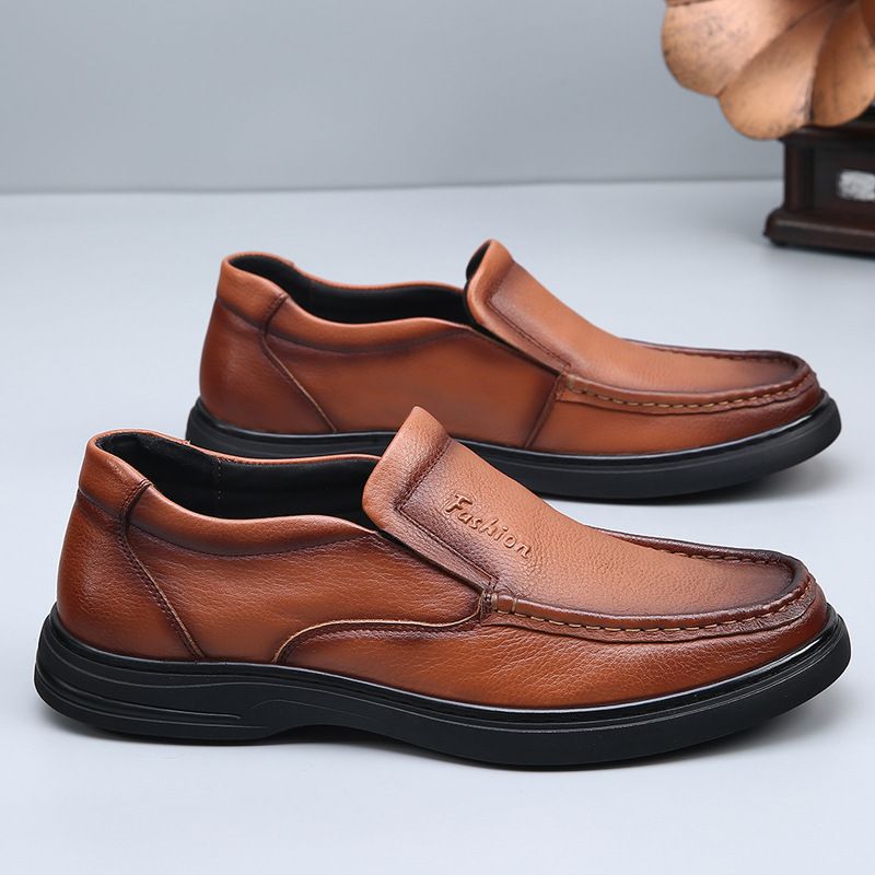 First Layer Cowhide Loafers Men, Autumn Winter New Soft Sole For Middle-Aged And Elderly, Men's Casual Slip-On Shoes_voghion.com