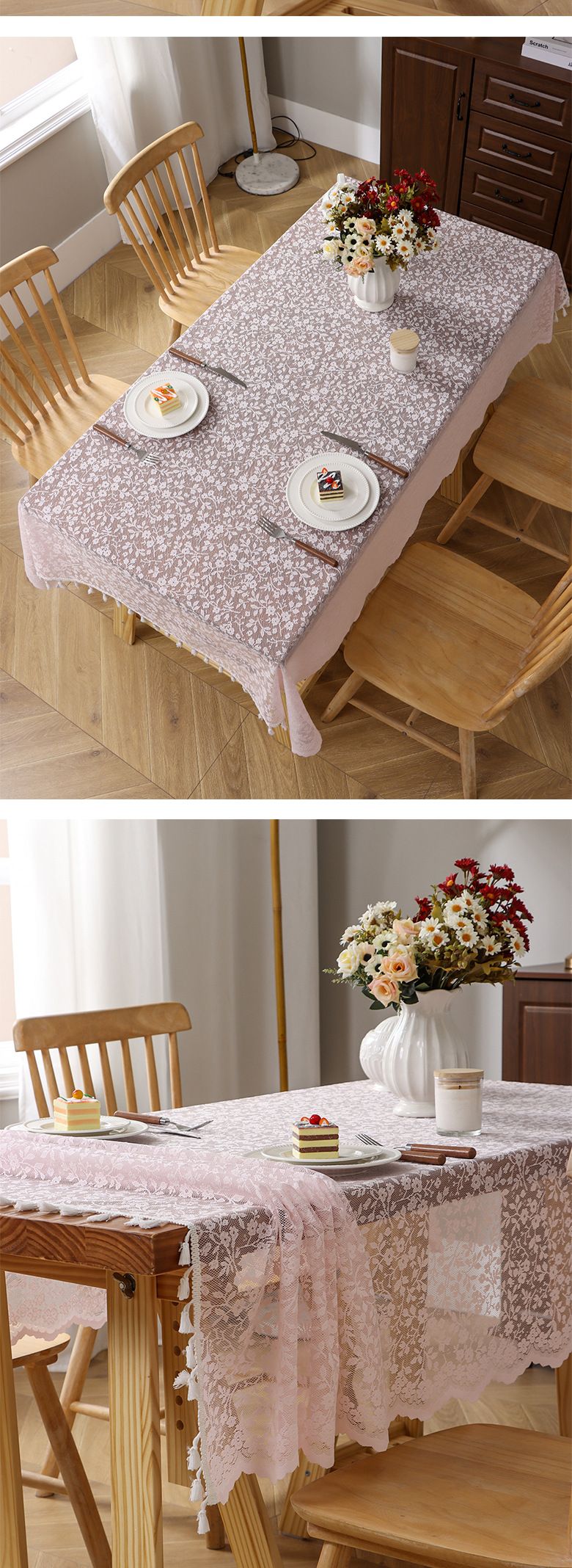 Tischdecke mit Spitzenblumenmuster und Quasten – 130 x 180 cm, rechteckig, Polyestergewebe, rutschfest, für Bauernessen, Fotografie und Teepartys_voghion.com