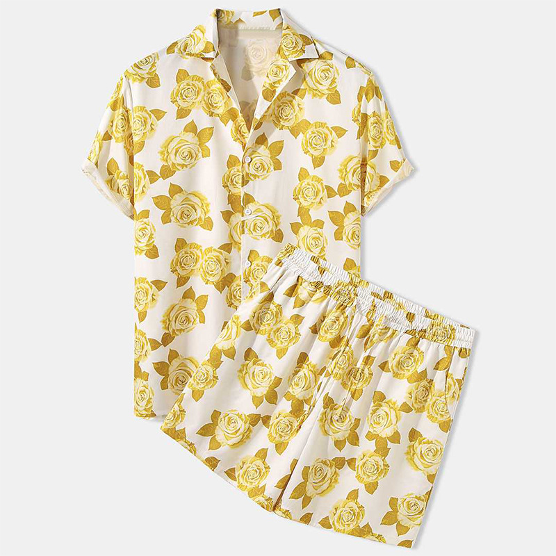 2024 Men's Hawaiian Beach Style with Leaf Printed Shorts, Short Sleeves, Cuban Collar Shirt, Two Piece Set_voghion.com