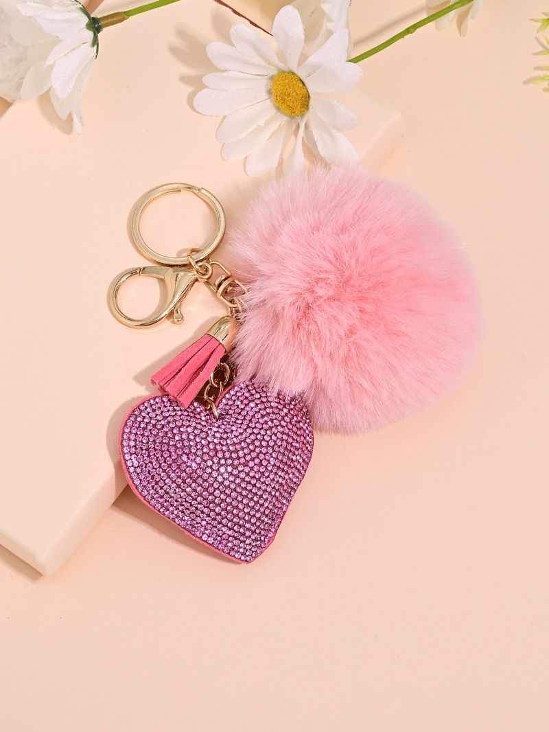 Fashion Autumn Winter Plush Heart Rhinestone Tassel Keychain Women's Bag Pendant Car Ornament_voghion.com