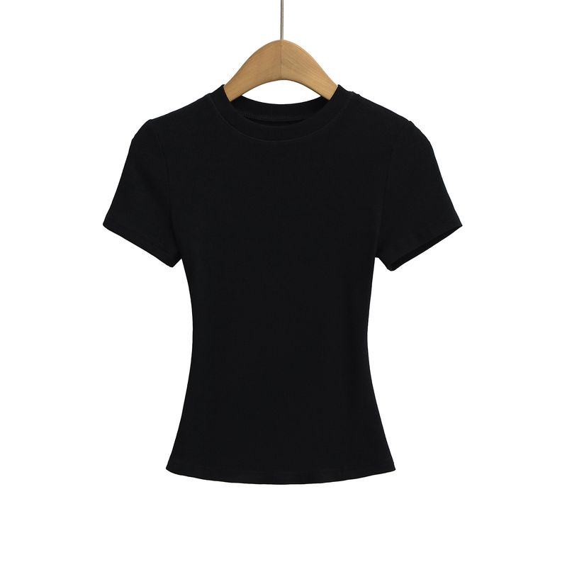 Maglietta sportiva elastica a maniche corte attillata in filo da donna, estiva, aderente, con scollo rotondo, tinta unita_voghion.com