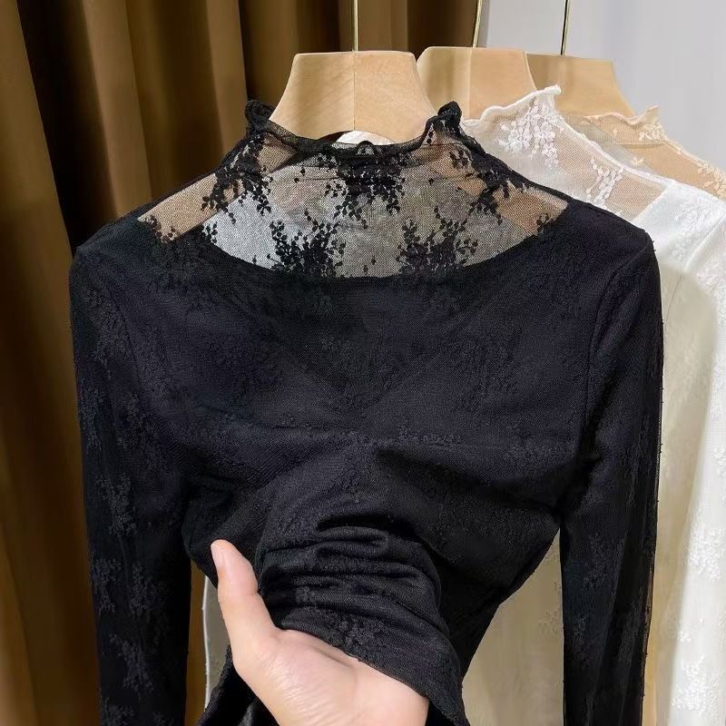 High collar plus velvet lace bottoming shirt for women new style warm and stylish inner wear small sweater layering artifact_voghion.com