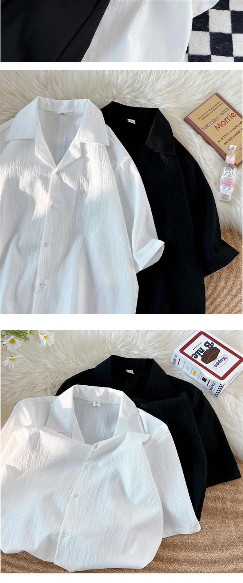 Camicia da uomo in seta ghiacciata plissettata, a maniche corte, con colletto ampio, design alla moda, top fresco_voghion.com