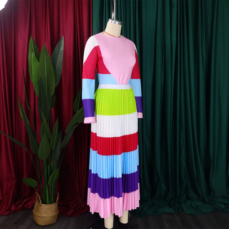 Damenbekleidung Faltendruck Kontrastfarbener Anzug Langärmliges Oberteil Modischer Halbrock Zweiteiliges Set_voghion.com